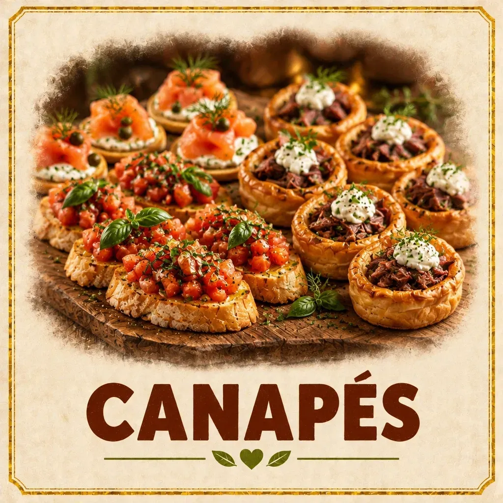 A selection of wedding canapés including crostini and savoury pastry bites