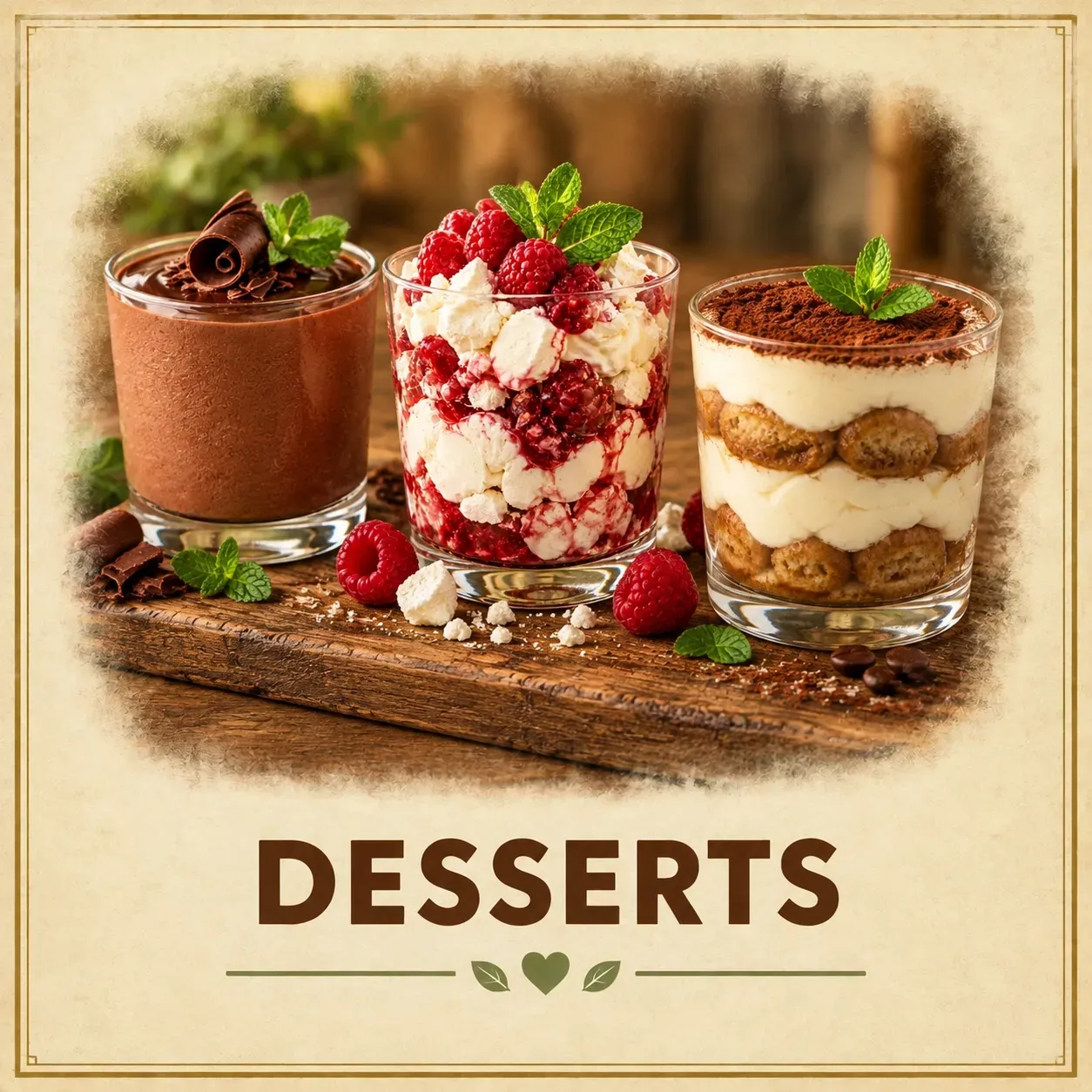 A selection of chocolate mousse, raspberry Eton mess and tiramisu desserts