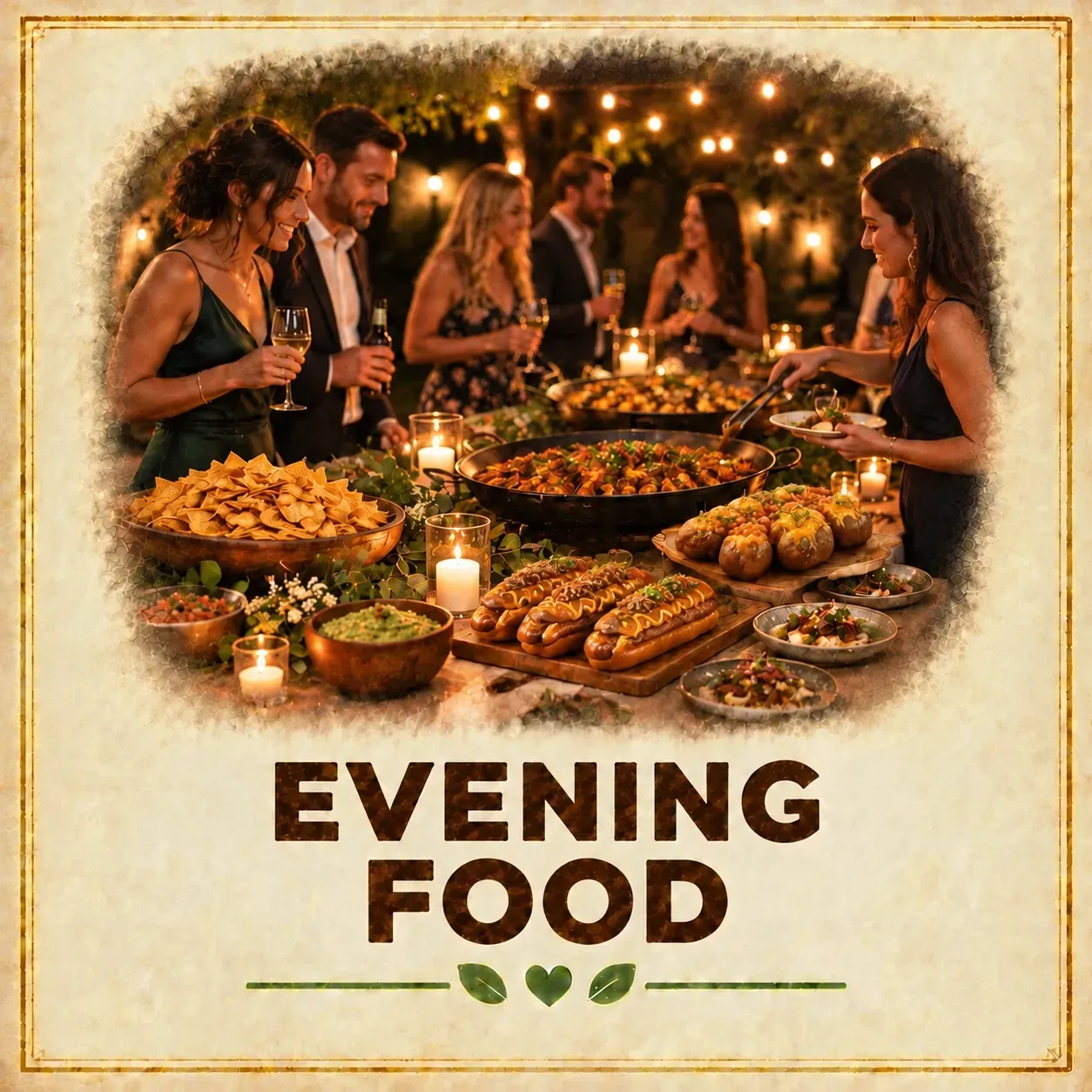 Wedding guests enjoying an evening food buffet with hot dogs, jacket potatoes and sharing dishes