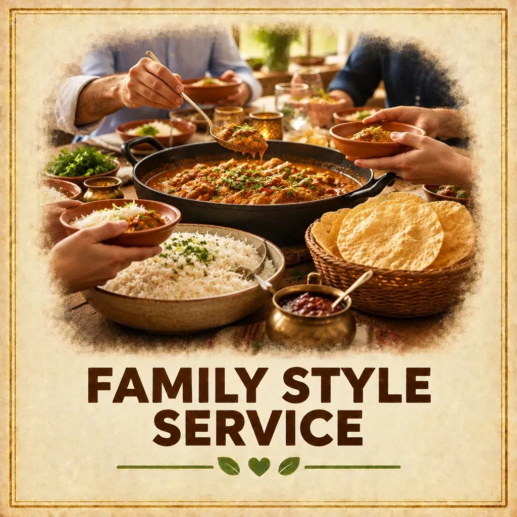 Family-style wedding meal with guests sharing curry, rice and sides