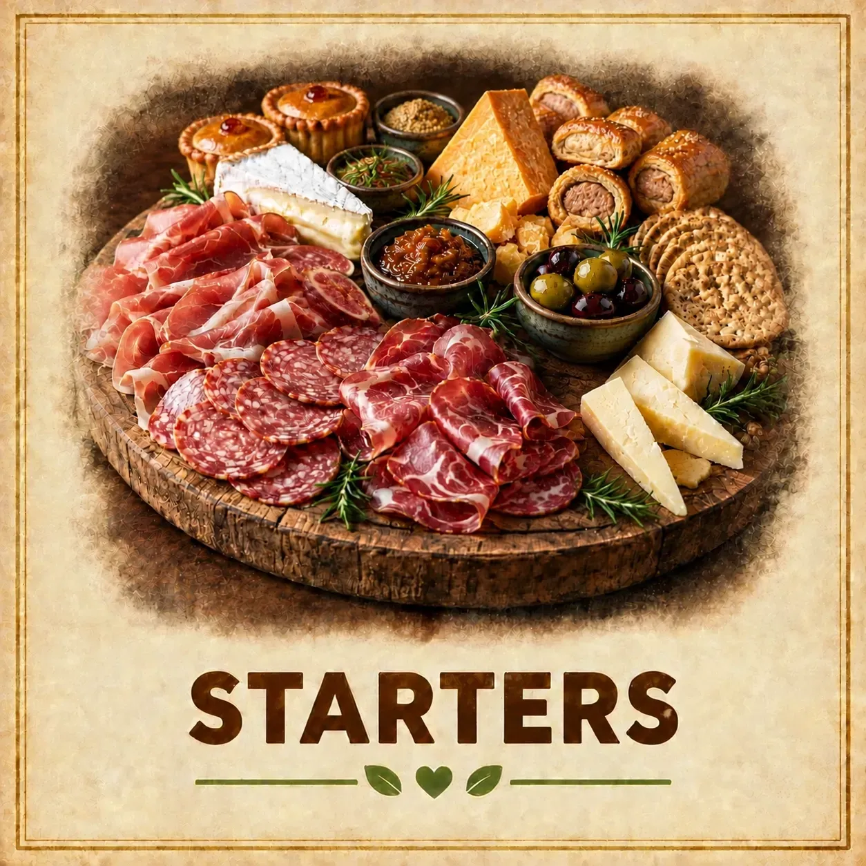 A generous sharing mezze board with cured meats, cheeses, crackers and olives
